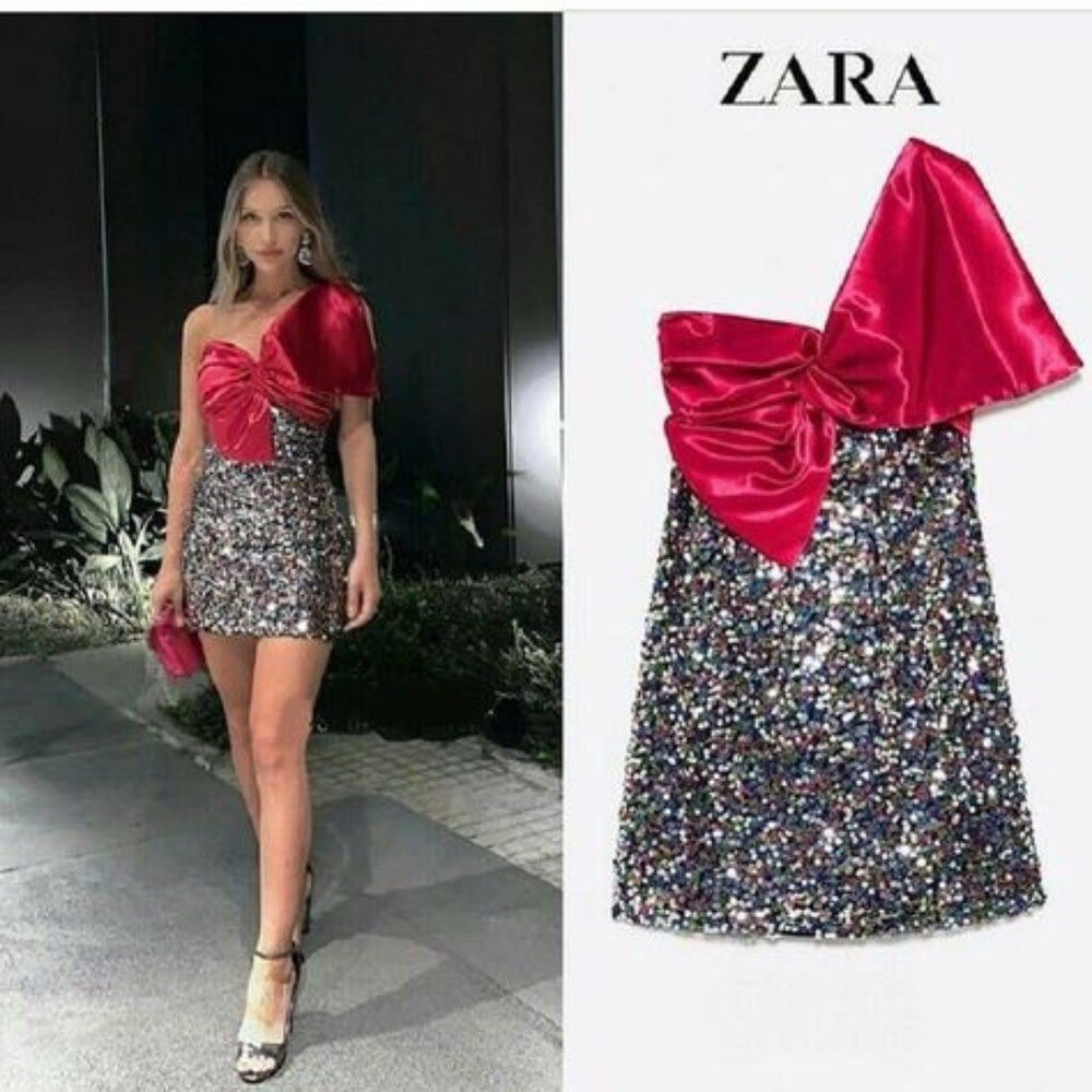 ZARA MULTI COLOR SEQUINED FULLY LINED MINI DRESS WITH SATIN BOW $129